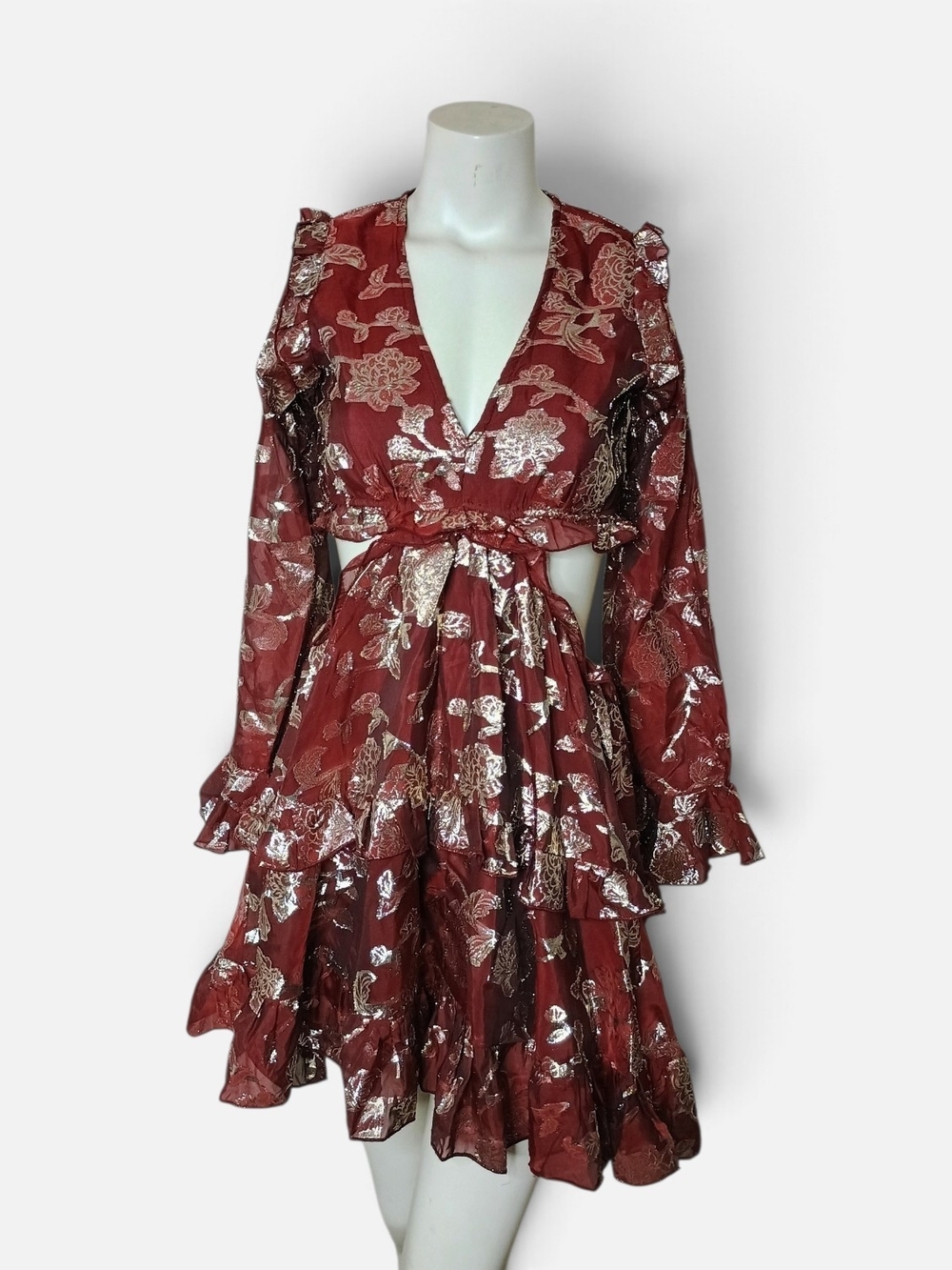 Altar'd State Red Metallic Floral Ruffle Mini Dress